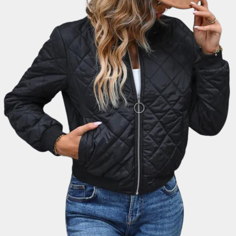 Women's full-zip bomber jacket with urban style, perfect for fall & winter warmth. Features ribbed cuffs.