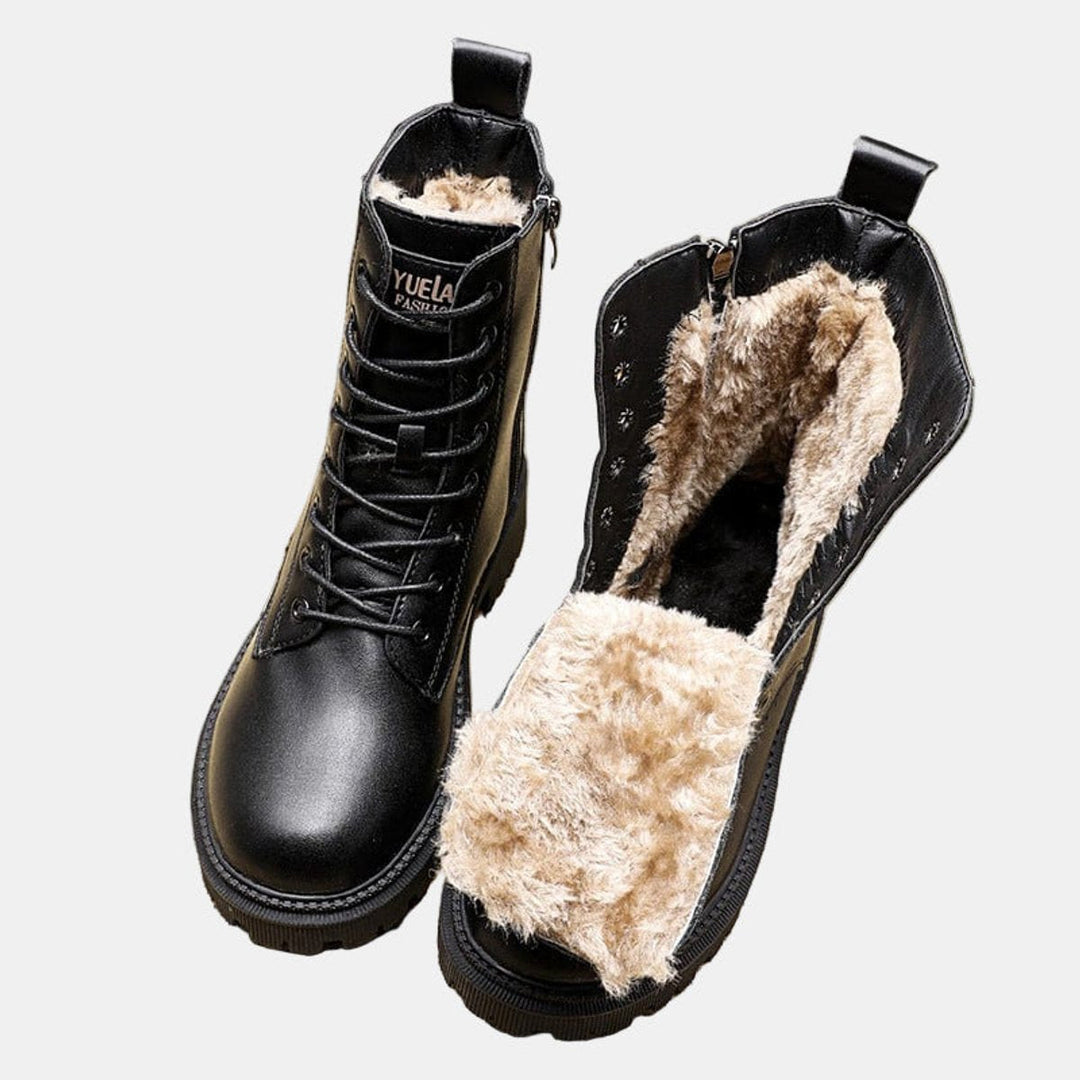 Women's fur-lined lace-up ankle boots for winter warmth, cold weather, and everyday comfort.