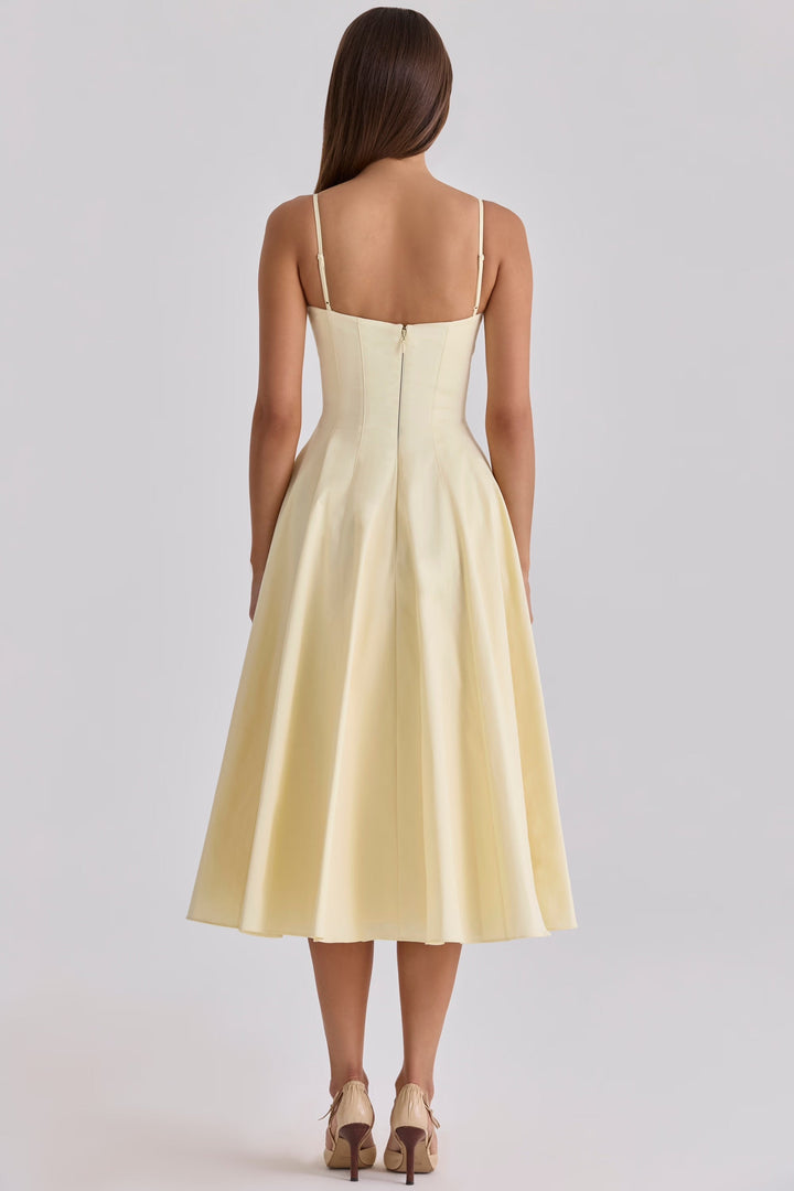 Effortless yellow gathered bust midi dress, a chic women's summer dress for casual elegance and warm weather style.