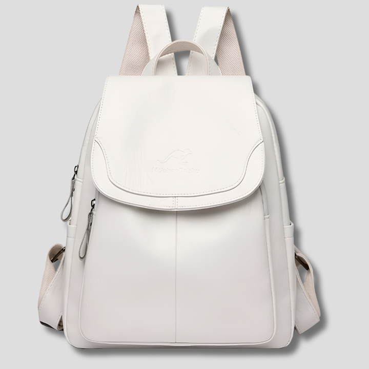Women's genuine leather anti-theft backpack with stylish embossed design, ideal for travel & daily secure use.