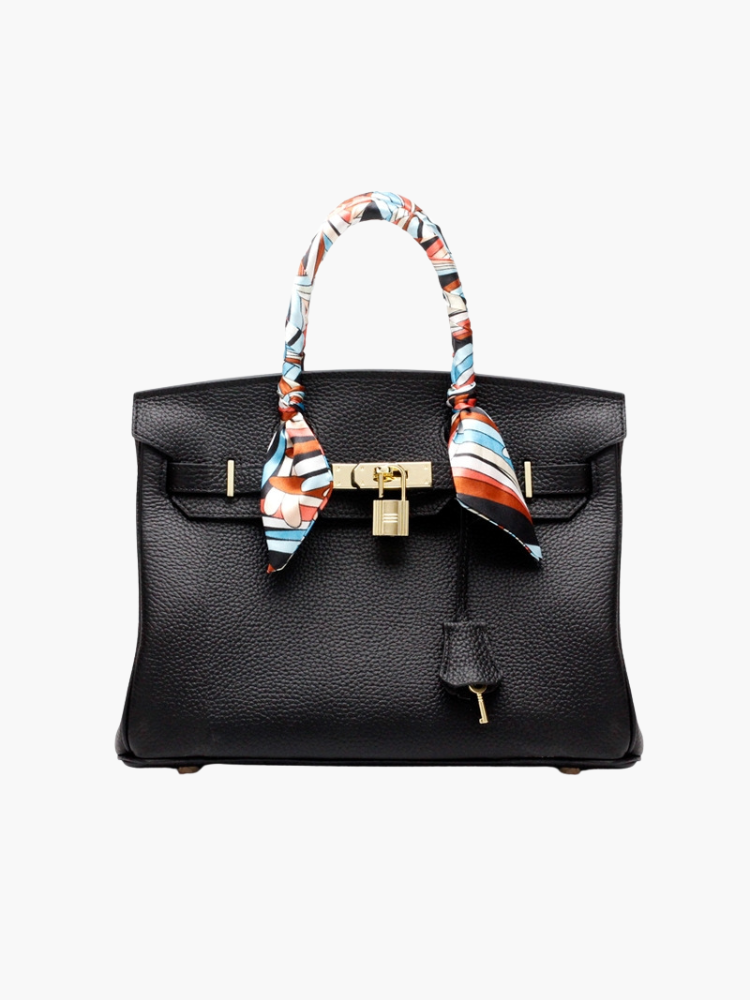 Black genuine leather women's luxury handbag, elegant and functional, perfect for work.