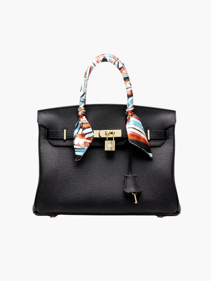 Black genuine leather women's luxury handbag, elegant and functional, perfect for work.