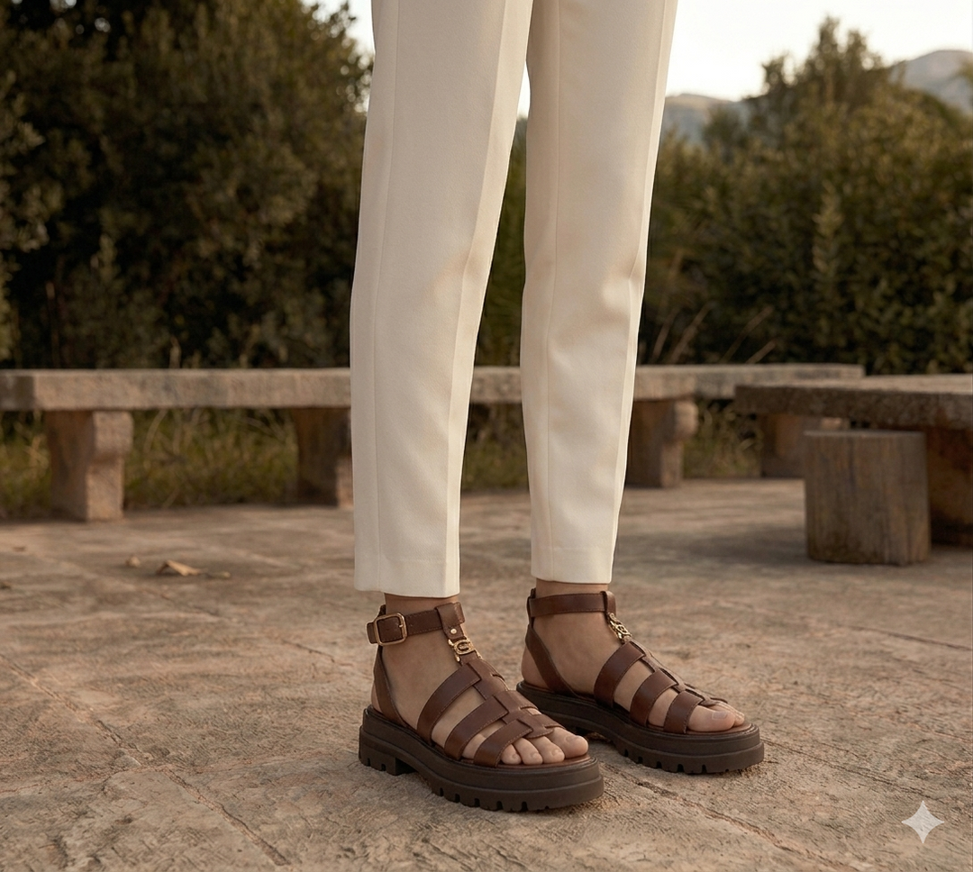 Comfortable brown gladiator flat sandals for women, featuring a chunky sole, ideal for warm weather everyday wear.