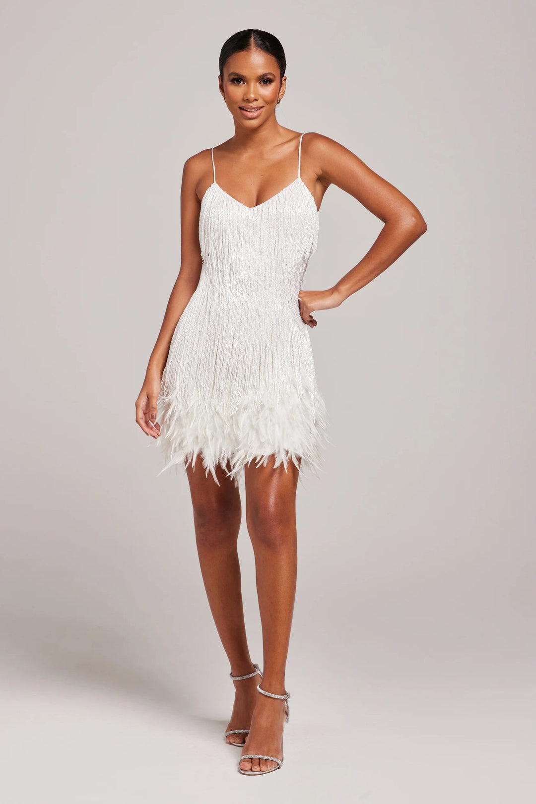 Women's glamorous fringe feather mini cocktail dress cami slip for evening parties.