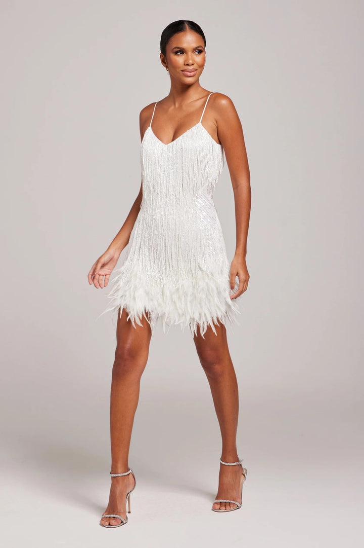 Stylish women's cami slip dress with fringe & feather details, a chic mini party statement.