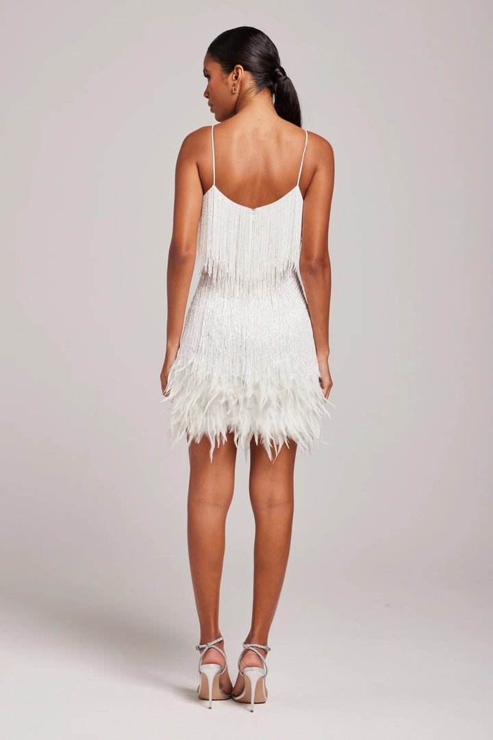 Women's glamorous fringe feather mini party dress, a chic cami slip for special occasions.