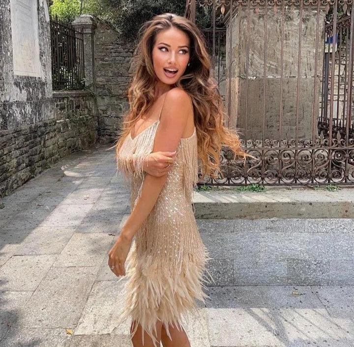 Dazzling women's evening mini dress, a fringe feather cami slip for a memorable night out.
