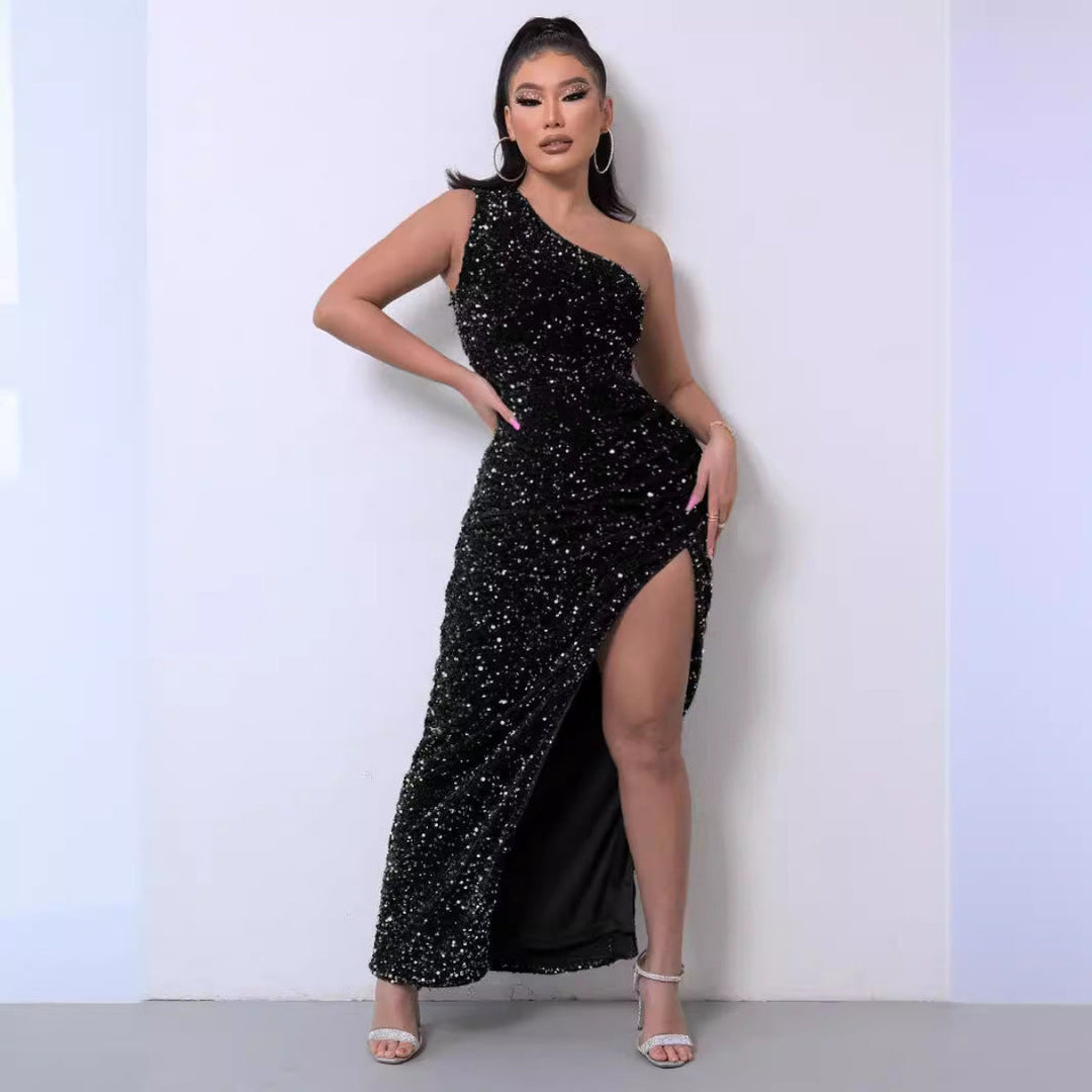 Sparkling sequin one-shoulder bodycon dress for women. Ideal for formal evenings & special events.