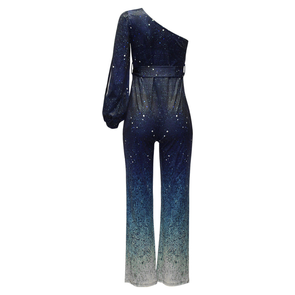 Chic women's glamorous one-shoulder sequin jumpsuit. Perfect for evening wear, parties, and special occasions. Wide-leg design.