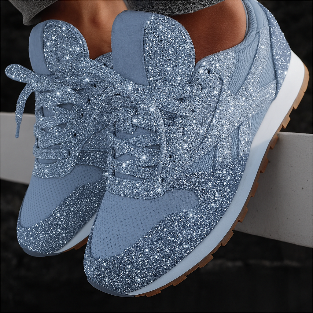 Stylish women's glitter platform sneakers with chunky sole. Comfortable lace-up design for trendy streetwear and casual wear.