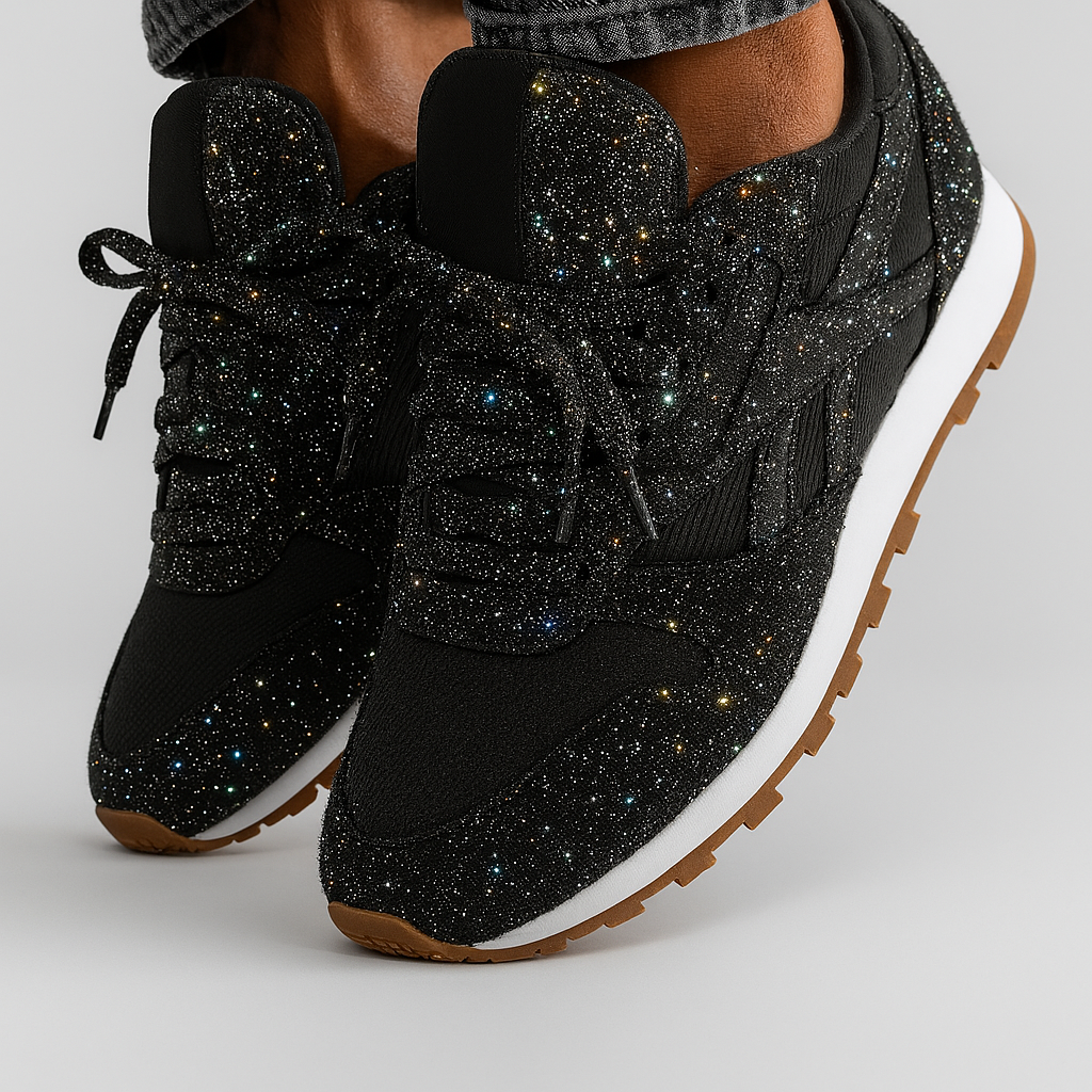 Bold women's fashion sneakers: glitter chunky platform design. Statement lace-up shoes for trendy casual & streetwear.