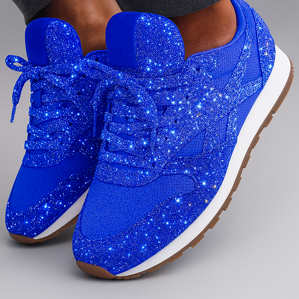 Sparkling glitter women's chunky platform sneakers. Comfortable, trendy lace-up shoes for casual wear and streetwear fashion.