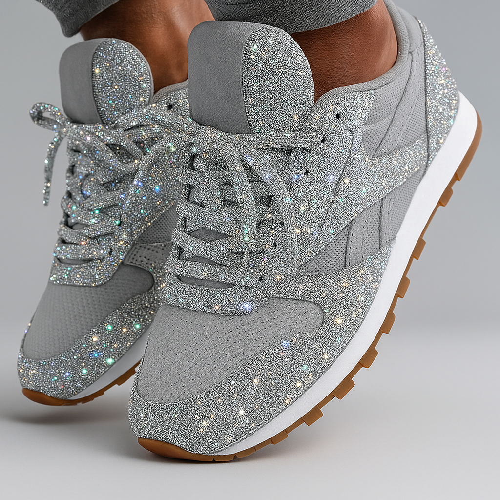 Trendy women's glitter chunky platform sneakers. Comfortable lace-up casual footwear, ideal for streetwear & bold fashion.