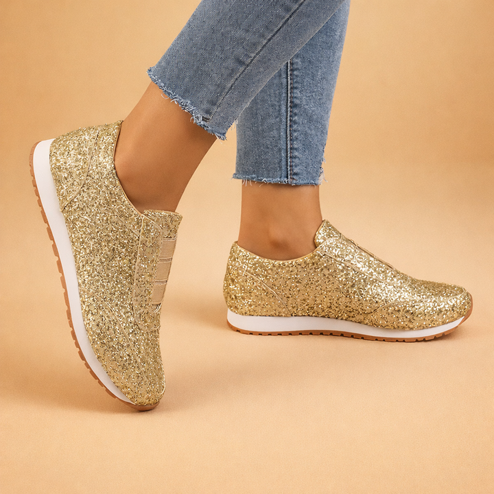 Sparkly glitter slip-on sneakers for women, versatile and stylish casual footwear for comfortable everyday fashion.