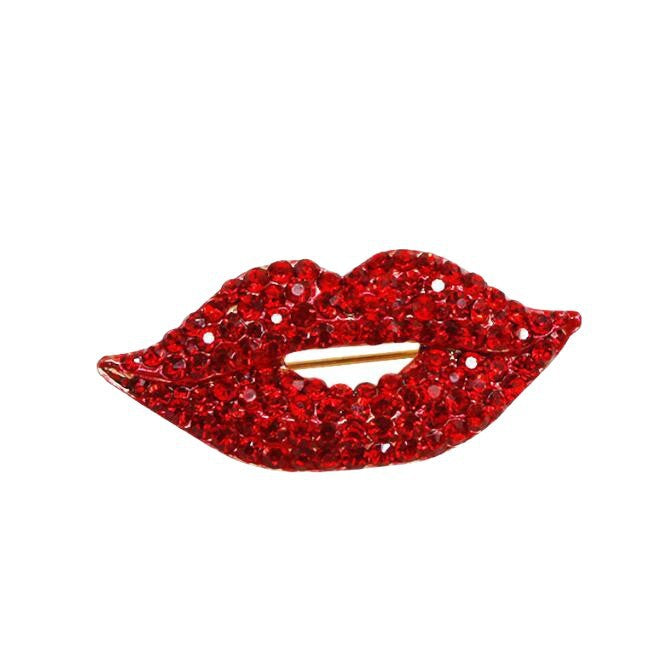 Vibrant red glittering lip brooch pin for women, a bold and stylish fashion accessory that sparkles.