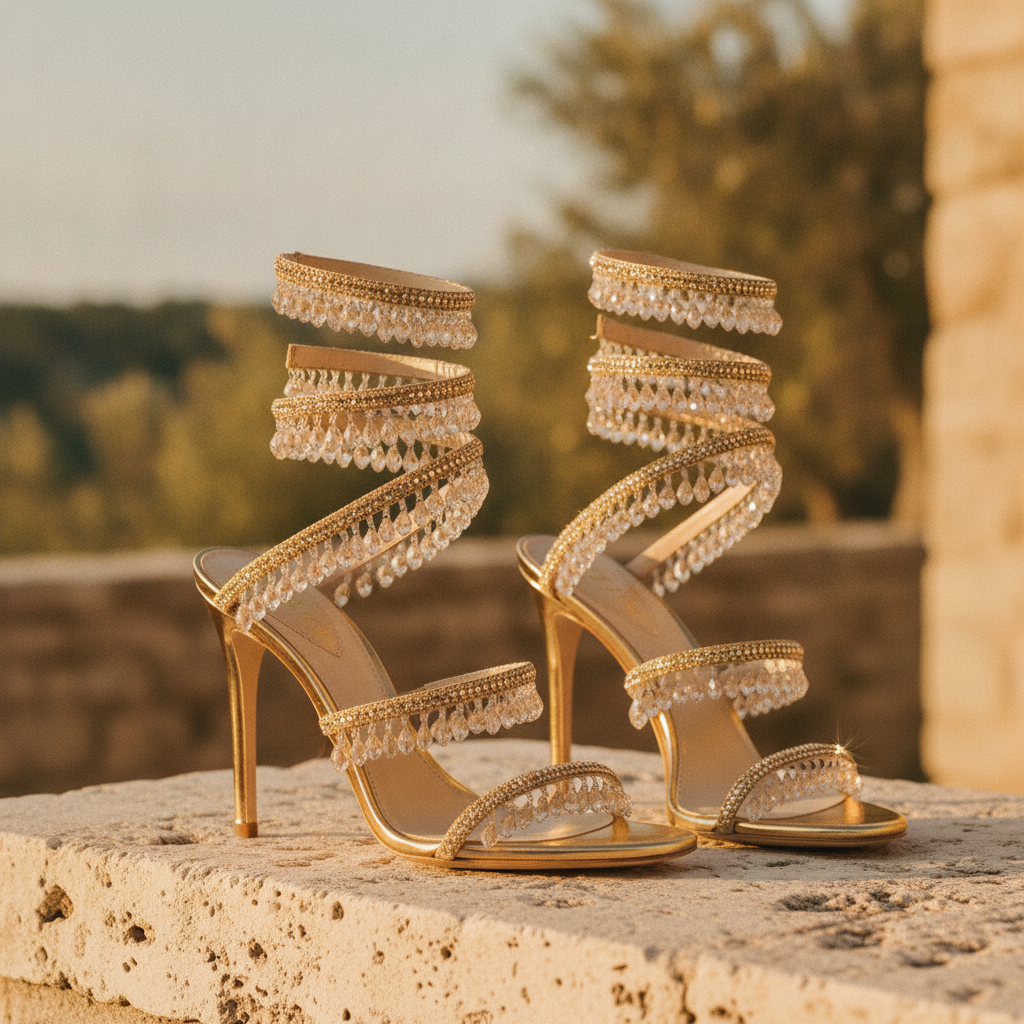 Women's gold block heels with sparkling crystal embellishment, perfect for weddings & formal events.