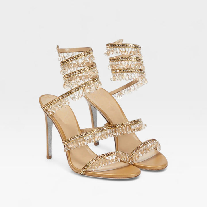 Luxury bridal gold block heels for women, featuring exquisite crystal embellishment. Ideal wedding shoes.