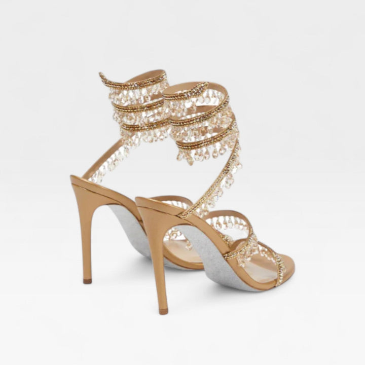 Gold embellished women's party heels, block style, with beautiful crystals for evening occasions.