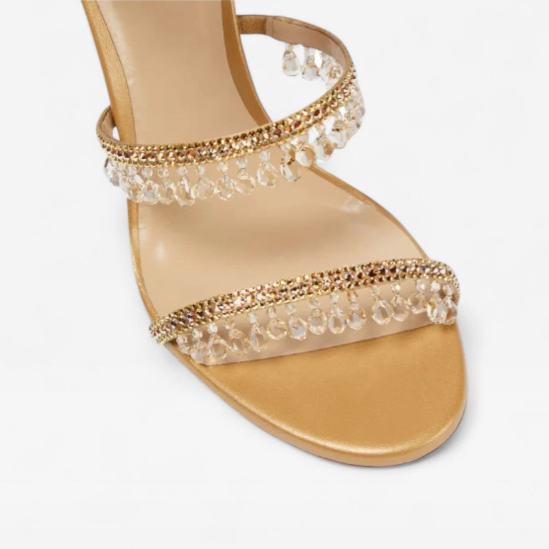 Crystal embellished gold block heels, comfortable & stylish for women's wedding or formal wear.