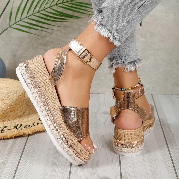 Comfortable women's orthopedic espadrille sandals, metallic gold, with adjustable straps for personalized foot support.