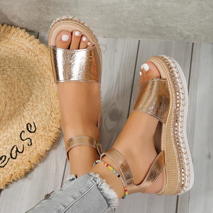 Gold metallic women's espadrille sandals, orthopedic & adjustable, offering comfortable foot support for summer.