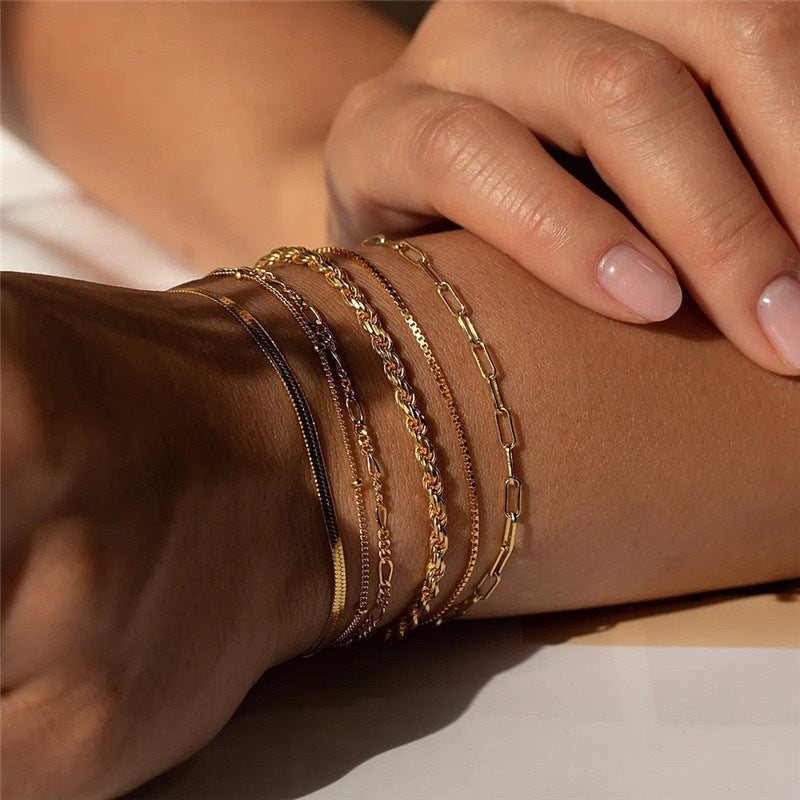 Fashionable women's layered chain bracelet set with textured links, a stylish & versatile jewelry accessory.
