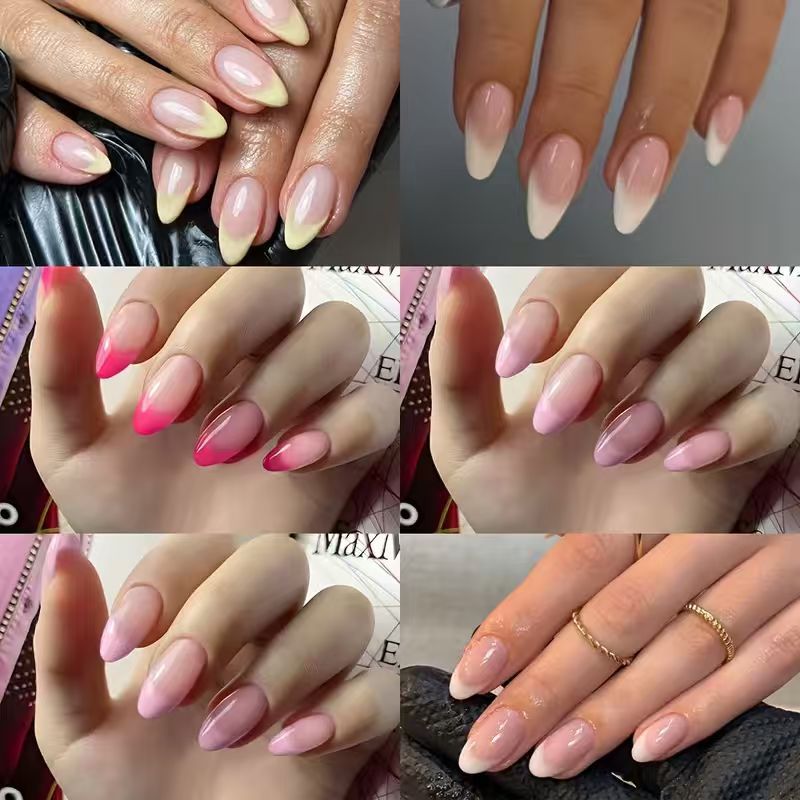 Reusable almond press-on nails with stylish gradient design for quick, long-lasting nail art.