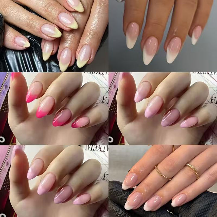 Reusable almond press-on nails with stylish gradient design for quick, long-lasting nail art.