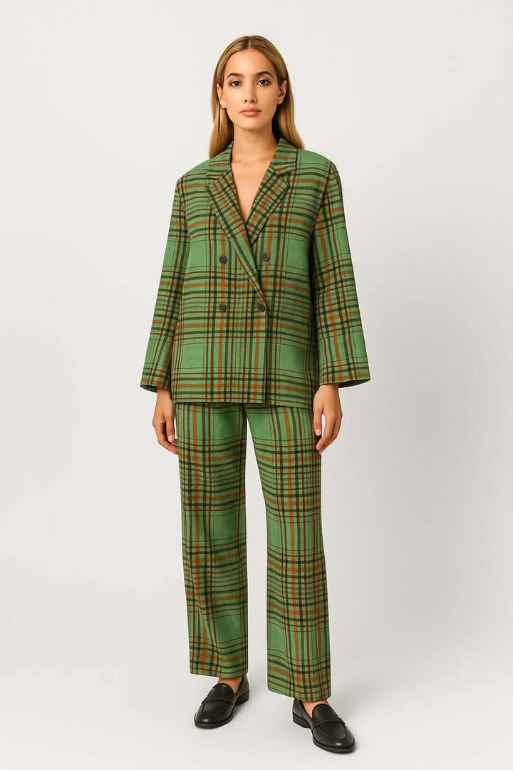 Women's green checked double-breasted blazer with matching high-waisted straight-leg trousers suit set, ideal for office.
