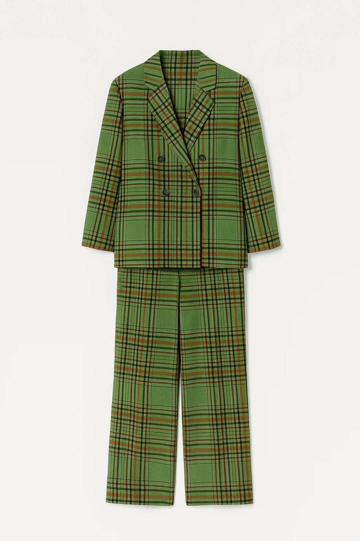 Formal women's checked two-piece suit: elegant double-breasted blazer & straight-leg trousers in green, a power outfit.