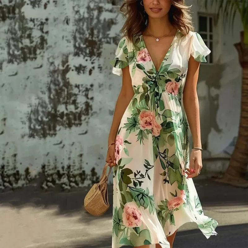 Women's green floral midi dress with flowy A-line skirt, V-neck, and flutter sleeves. Perfect for summer parties.
