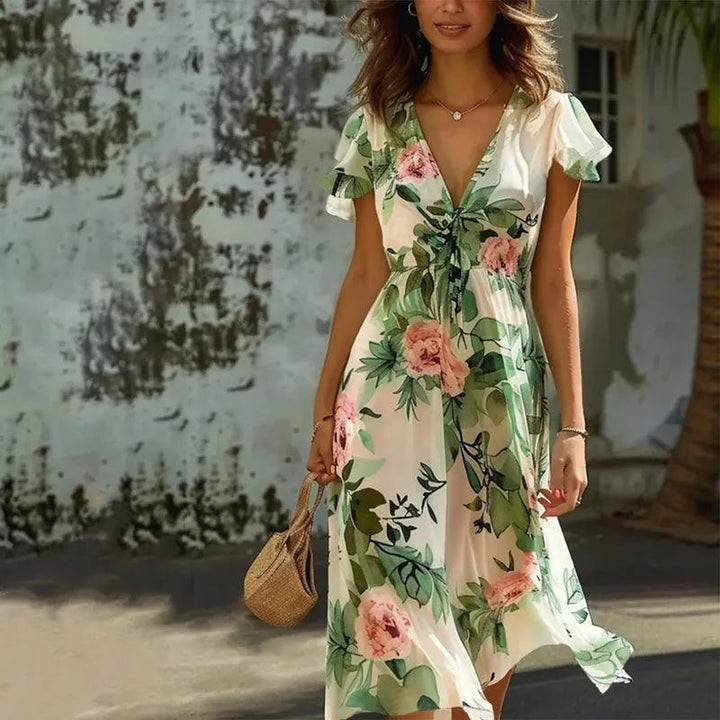 Women's green floral midi dress with flowy A-line skirt, V-neck, and flutter sleeves. Perfect for summer parties.