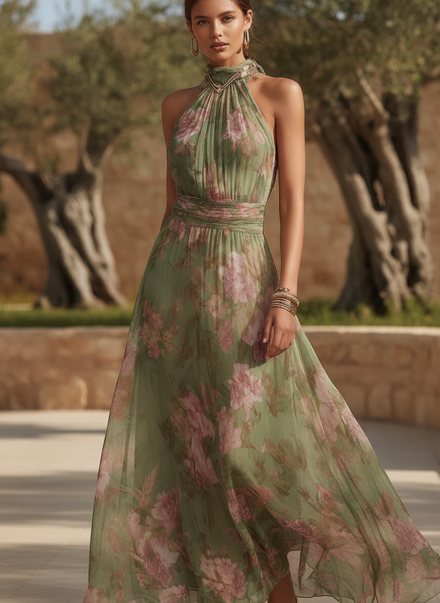 Women's green floral wrapped halter maxi dress, ideal for elegant garden parties & summer occasions.
