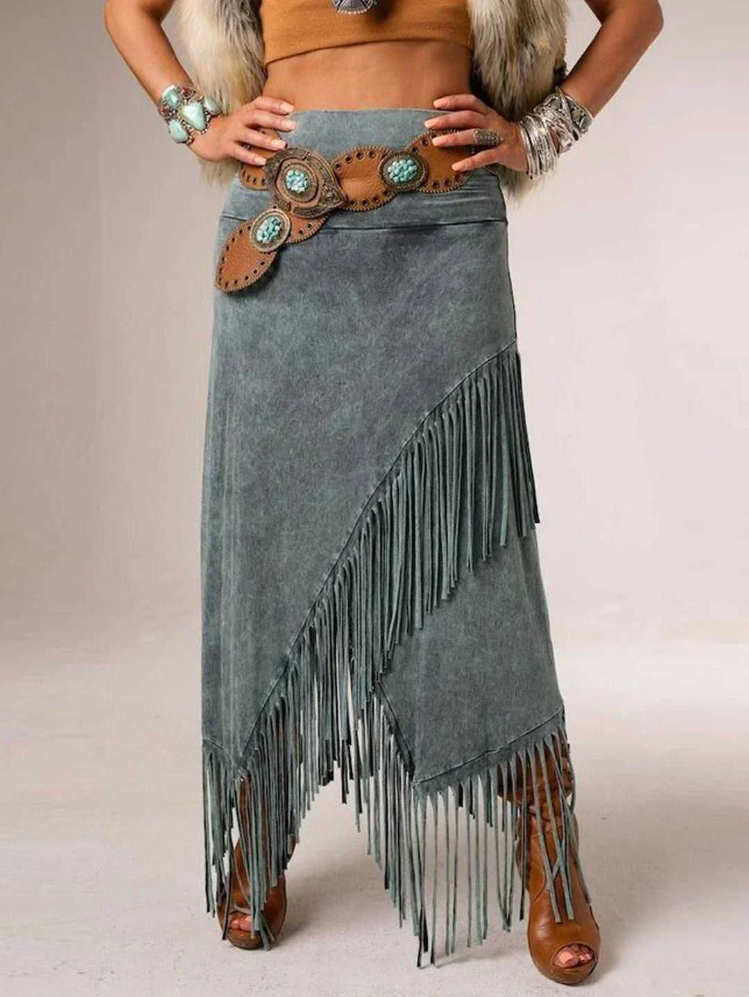 Women's grey A-line maxi skirt with stylish fringe hem, perfect for boho chic summer fashion and casual wear.