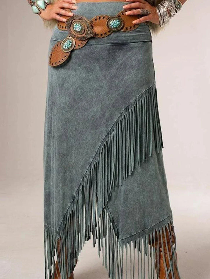 Elegant women's long A-line fringe maxi skirt in grey, ideal for festival outfits or stylish casual wear.