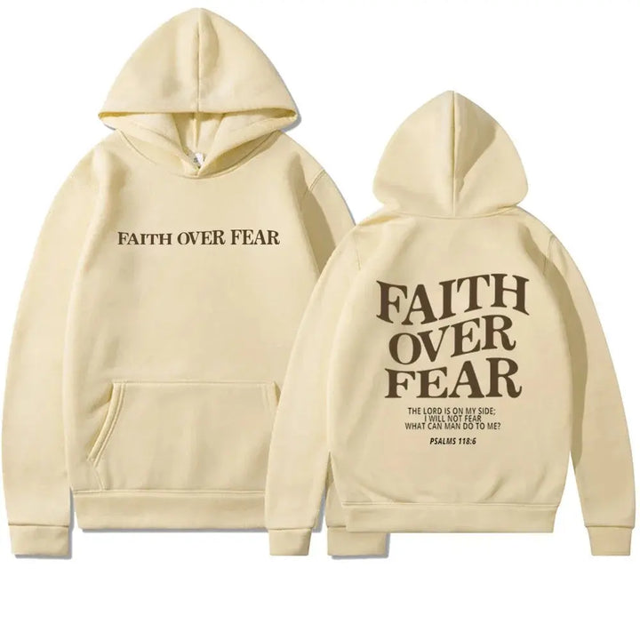 Back view of women's motivational "Faith Over Fear" hoodie, showcasing fabric.