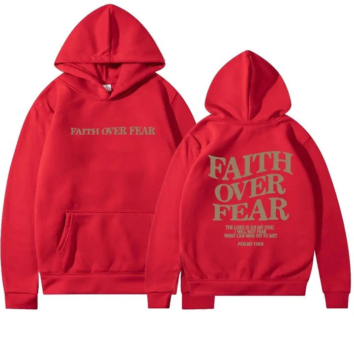 Inspirational "Faith Over Fear" graphic hoodie, perfect for women's casual wear.