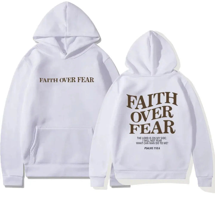 Flat lay: Cozy women's "Faith Over Fear" graphic sweatshirt, comfort hoodie.