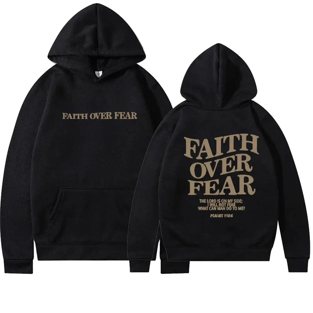 Hood detail of a women's "Faith Over Fear" pullover hoodie, religious fashion.
