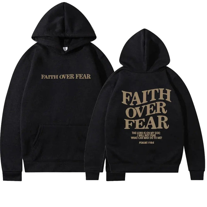 Hood detail of a women's "Faith Over Fear" pullover hoodie, religious fashion.