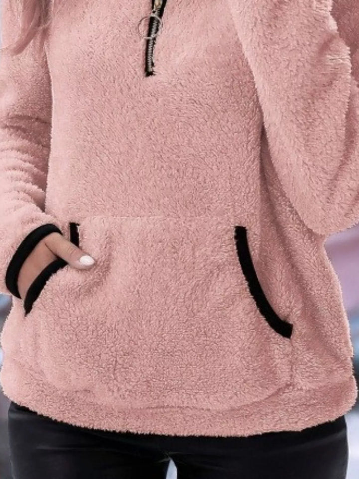 Casual women's half-zip pullover, long sleeve sweater with kangaroo pocket, great for everyday wear.
