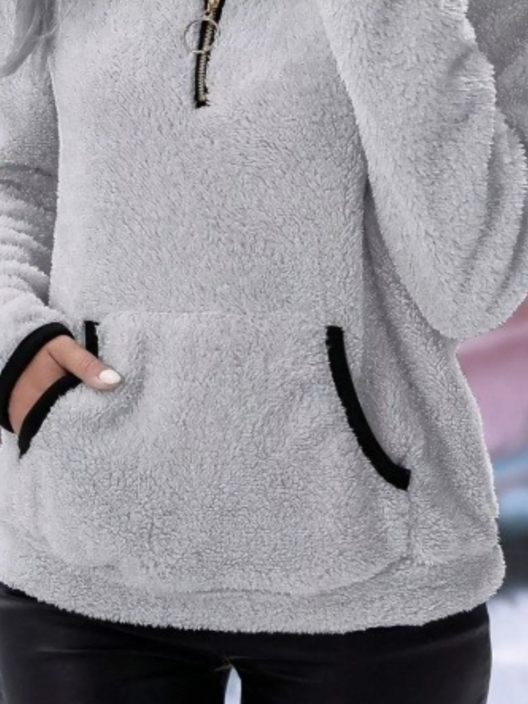 Everyday women's pullover half-zip sweater, warm and cozy with a useful kangaroo pocket.