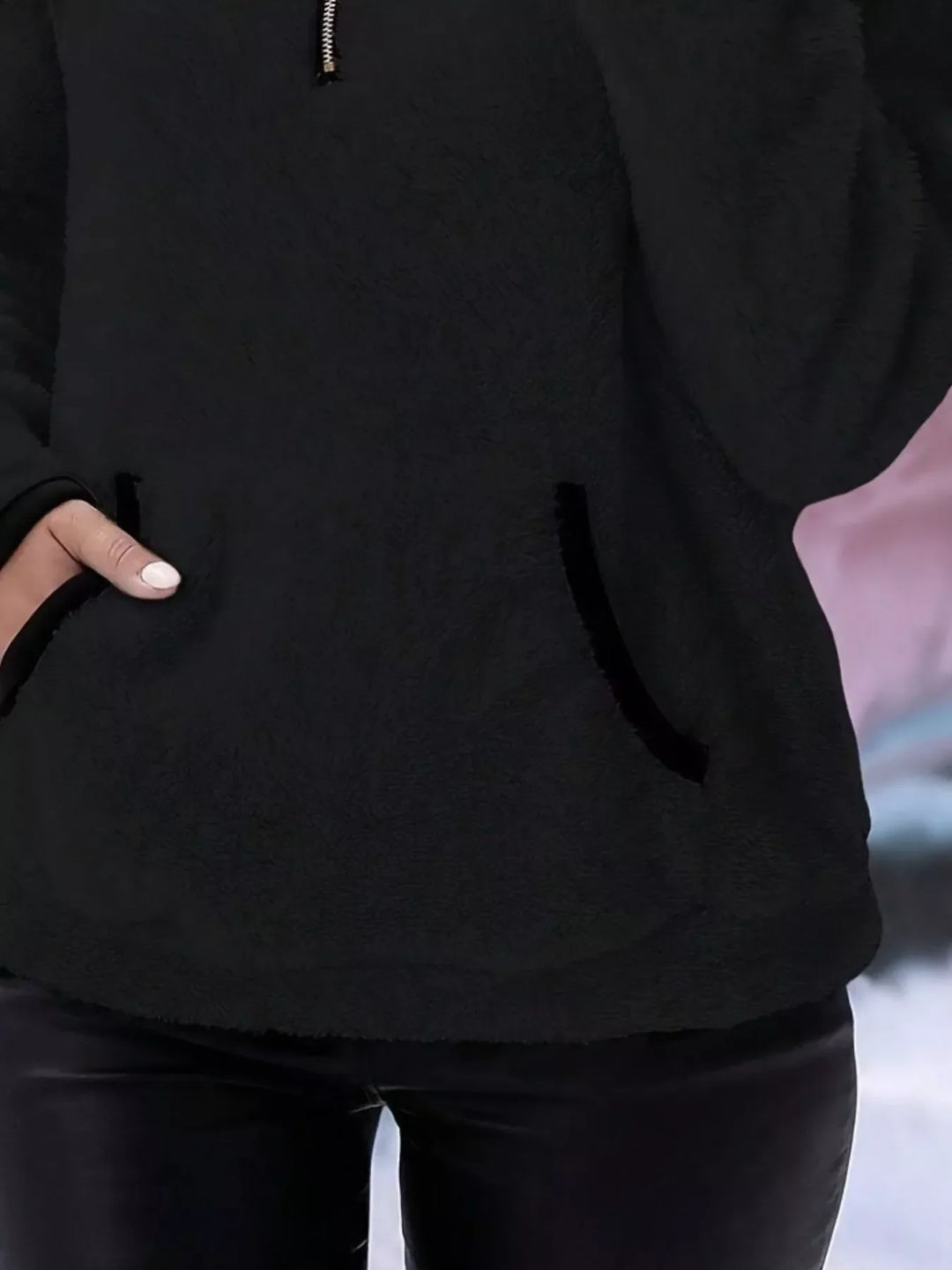 Everyday women's half-zip pullover sweater, warm and relaxed fit with a convenient kangaroo pocket.