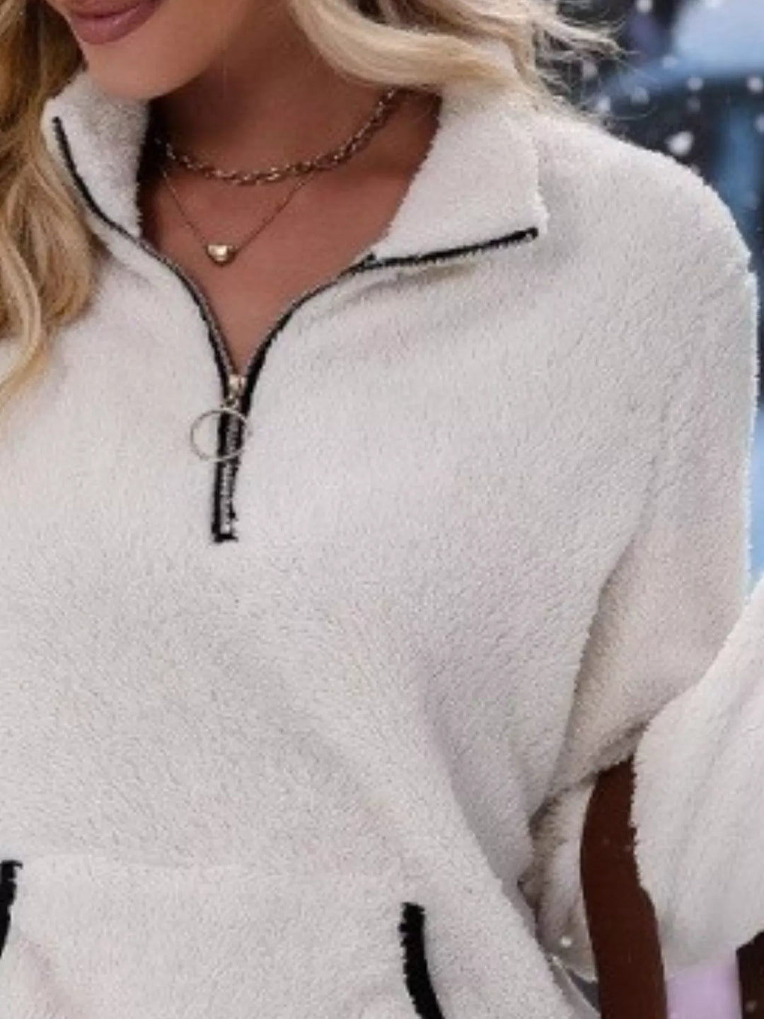 Everyday women's half-zip pullover sweater, cozy long sleeve with a stylish kangaroo pocket.