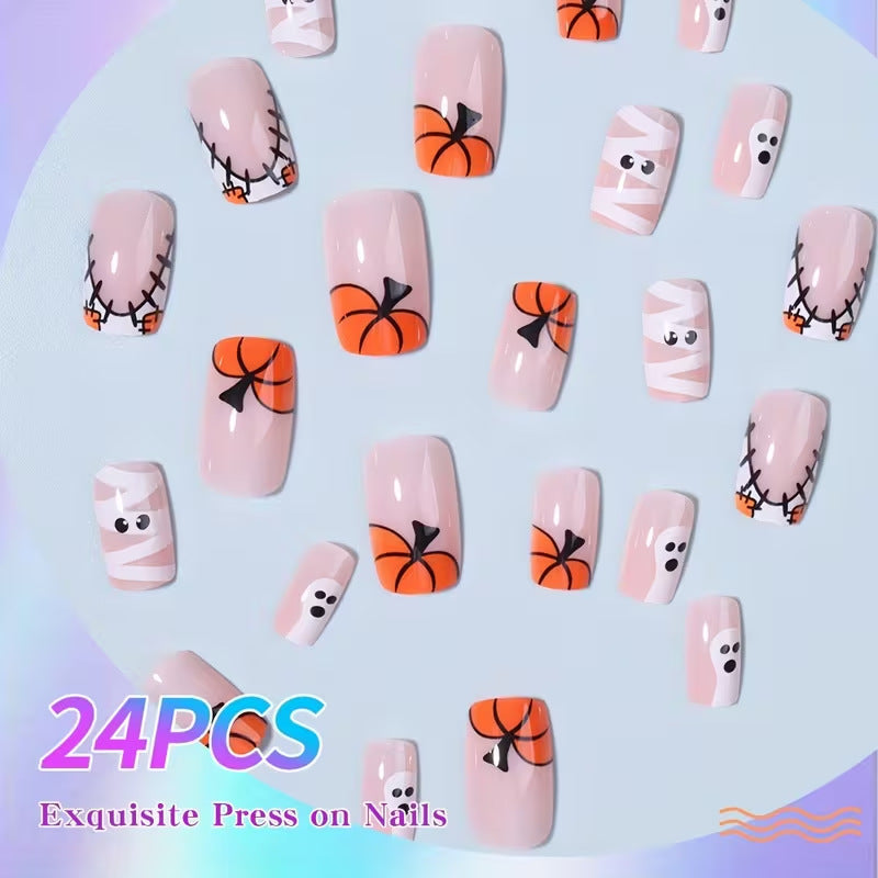 Festive women's Halloween press-on nails: temporary spooky designs perfect for costumes & parties.