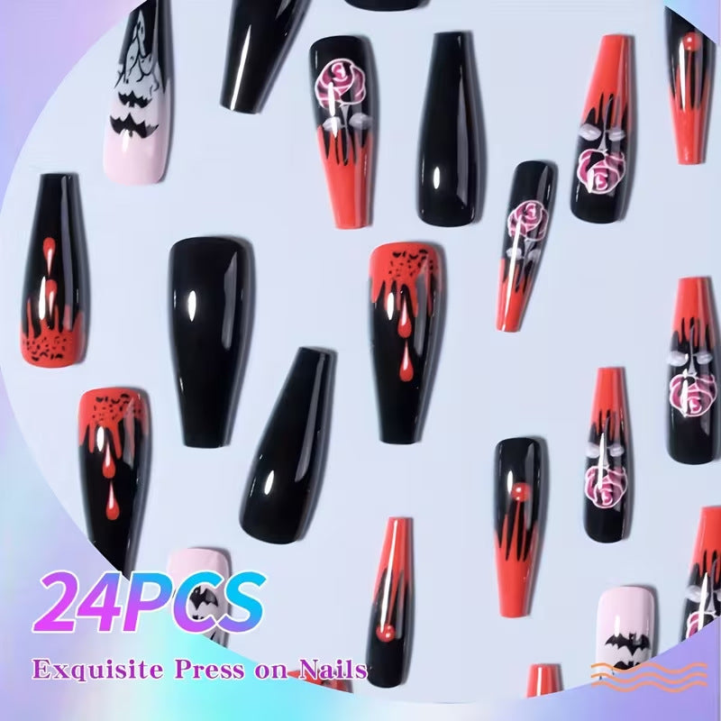 Easy application fake nails: Women's Halloween press-on art nails for a quick spooky festive look.
