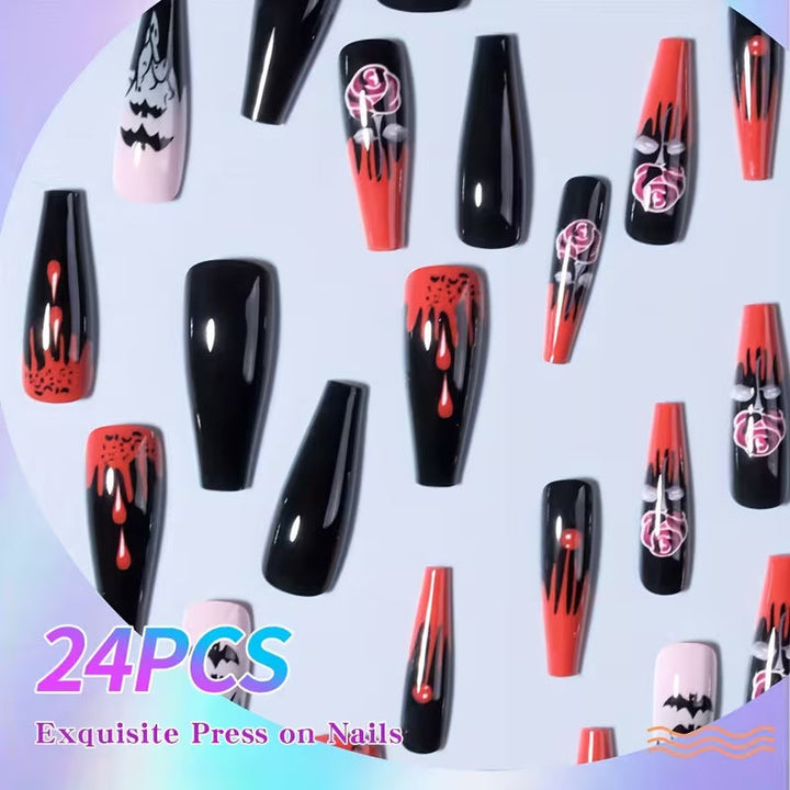 Easy application fake nails: Women's Halloween press-on art nails for a quick spooky festive look.