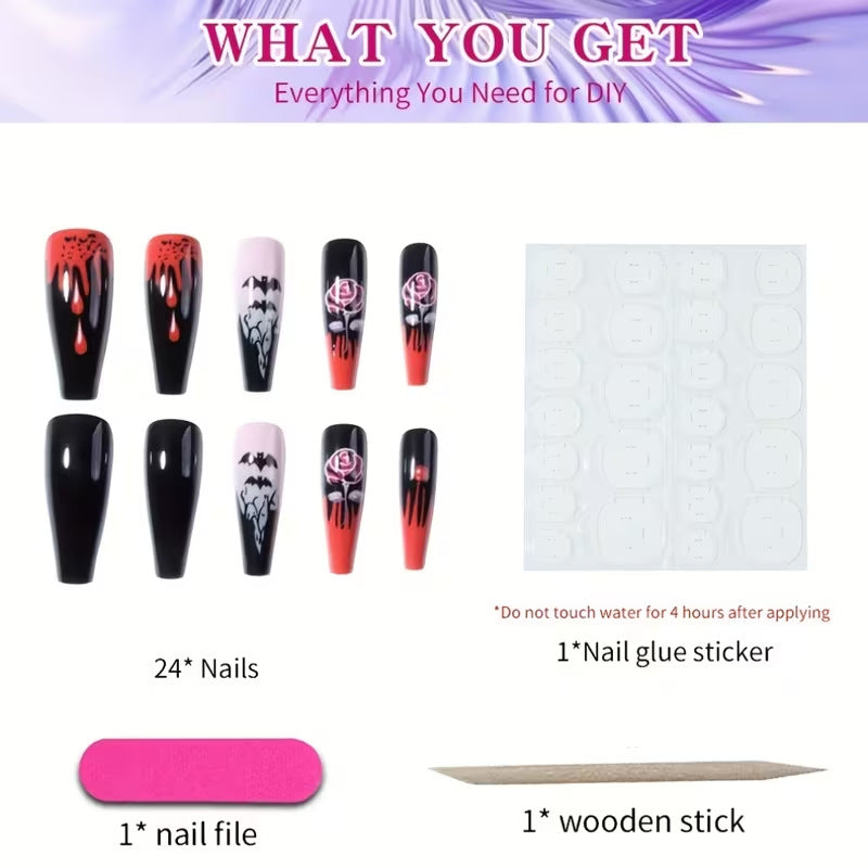 Assorted Halloween art press-on nails for women, featuring unique spooky designs & a festive touch.