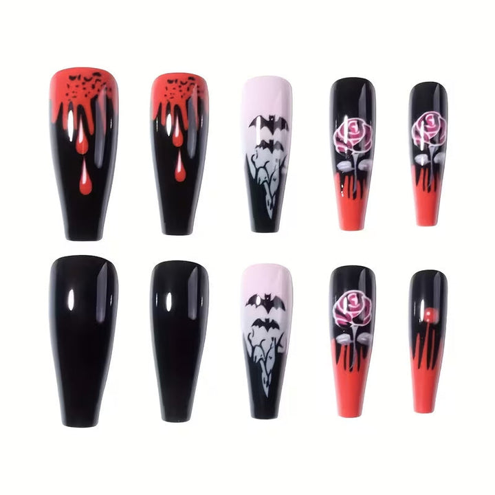 Festive women's Halloween press-on nails, an ideal costume accessory with spooky art designs.