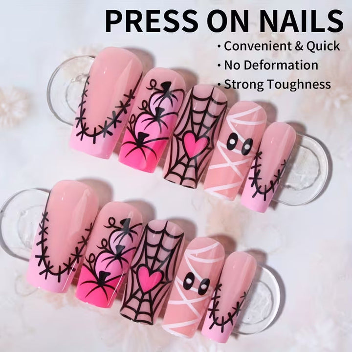 Easy-to-apply Halloween fake nails: black press-on nail set with unique spooky art for a quick costume accessory.